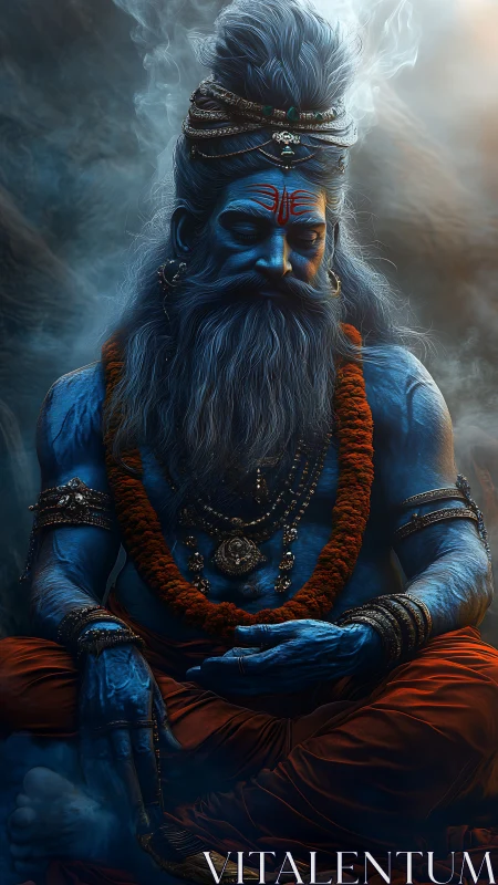Serene blue ascetic in smoky atmospheric meditation portrait.