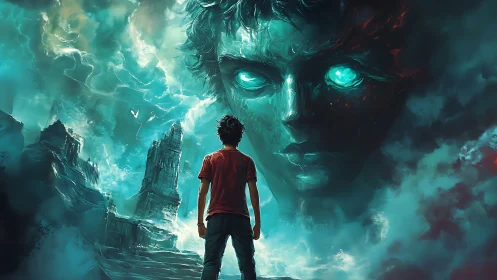 Boy confronts colossal storm spirit with glowing turquoise gaze.