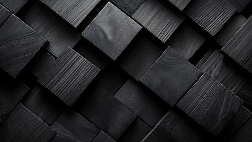 Stacked black wooden panels form a staggered geometric grid
