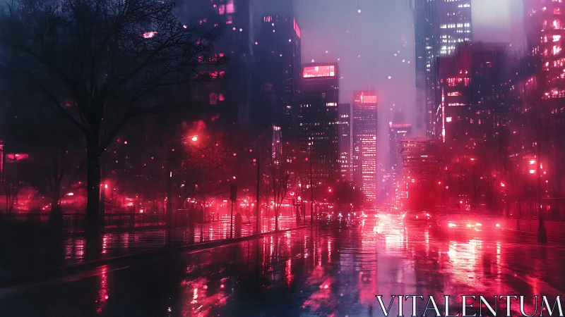 Neon soaked cyberpunk city street under midnight rain.
