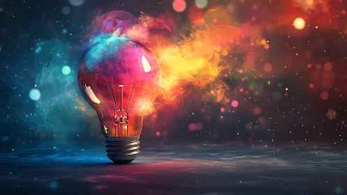 Glowing glass lightbulb releases vivid multicolor energy plume