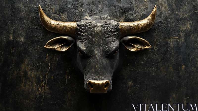 Textured black bull bust with metallic gold horns and accents