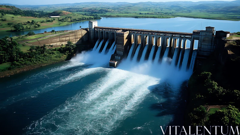 Hydroelectric dam releases water through multiple spillways