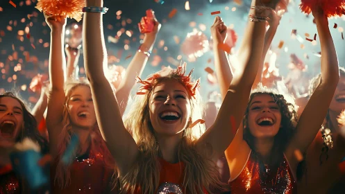 Excited Cheerleaders Celebrating in Festive Stadium Atmosphere.