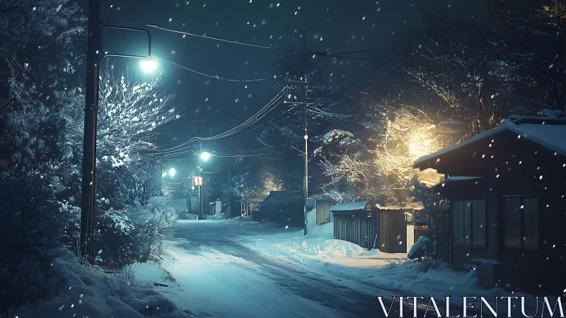 Snowy village street glows under cold winter night lights