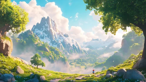 Luminous alpine valley with snowbound peaks and lone explorer.