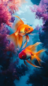 Vibrant goldfish glide through neon coral forest seascape.