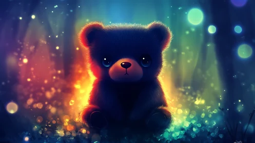 Glowing forest teddy bear wrapped in dreamy night light.