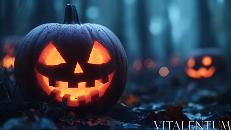 Glowing jack o lanterns in misty blue forest at nightfall.