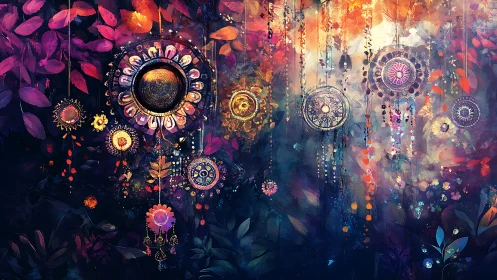 Wild midnight dreamcatcher garden drenched in prismatic light.