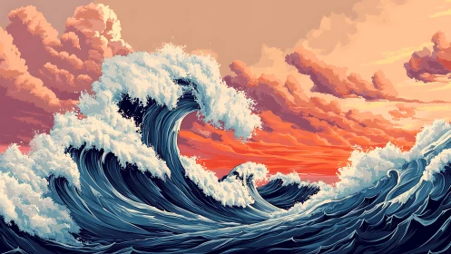 Powerful stylized ocean waves under vivid sunset sky.