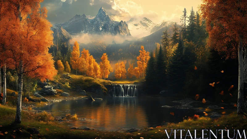 Golden autumn valley reflects snow peaks above quiet waterfall