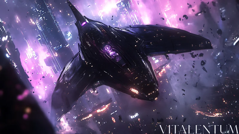 Stealth starfighter diving through neon-shattered megacity skies.