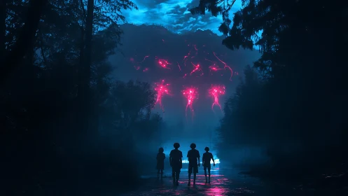 Cinematic digital painting of kids confronting alien sky breach.