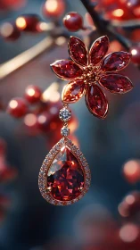 High-clarity red gemstone floral drop earring in macro focus
