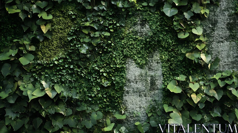 Dense climbing foliage partially covers textured stone wall