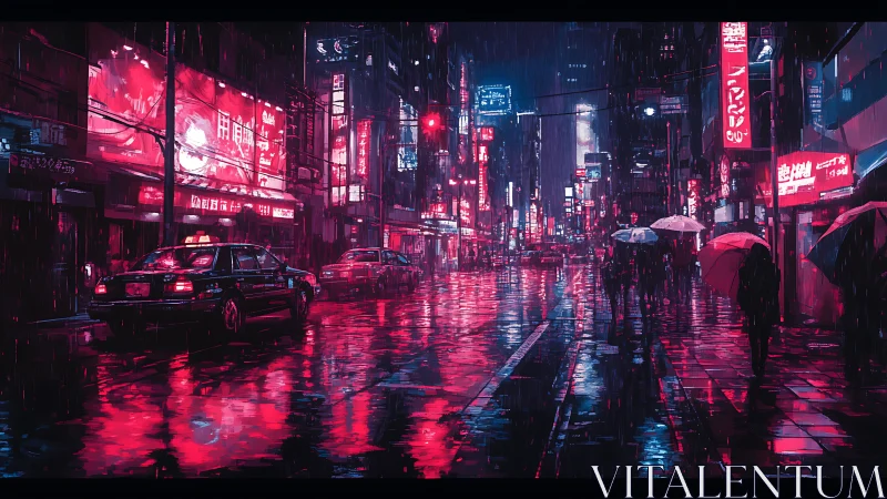 Neon-saturated rainy avenue with taxis and umbrellas at dusk.