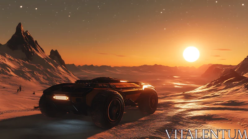 Sunset rover pausing on a glowing alien ice frontier.