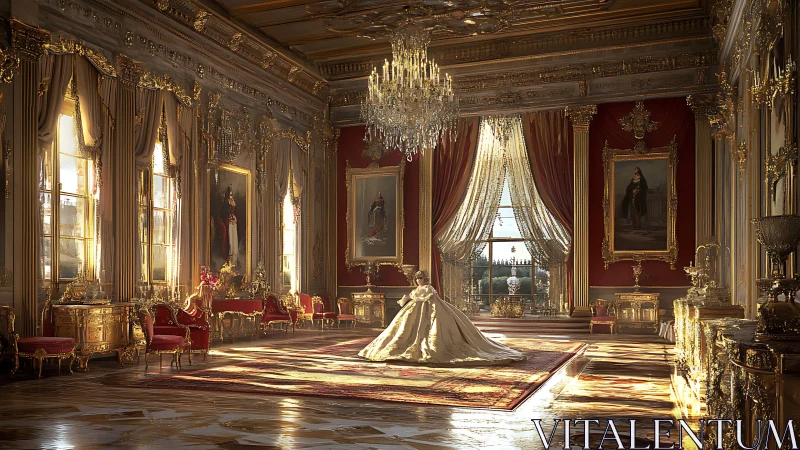 Golden palace ballroom glows as a lone noblewoman waits