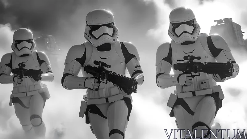 Armored sci-fi troopers advance through cinematic smoke field.