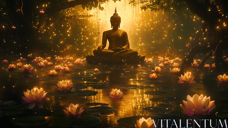 Golden Buddha statue glows amid lotus pond and fireflies.