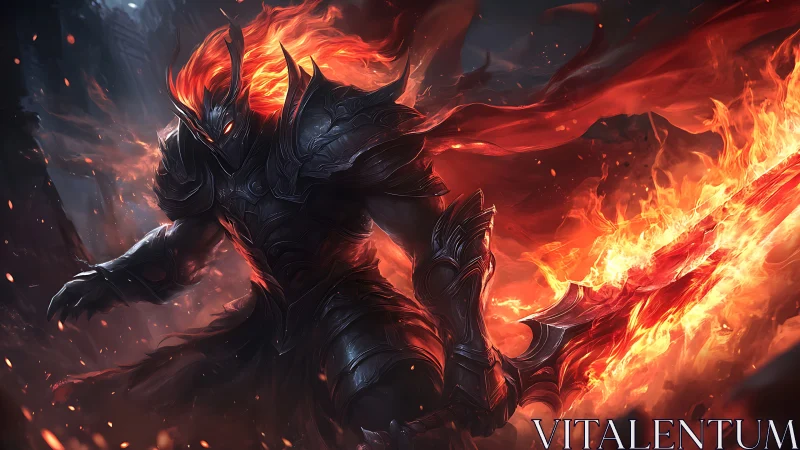 Armored infernal warlord strides forward wielding flaming sword