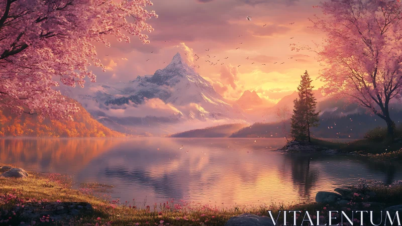 Sunlit mountain lake reflects cherry blossom shoreline