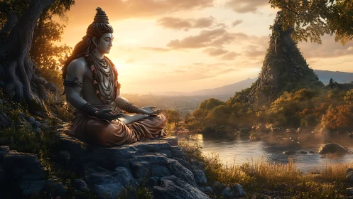 Meditating deity statue overlooks serene riverside valley at dusk