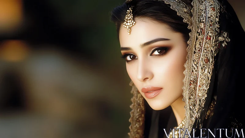 Regal portrait of woman in jeweled traditional veil.