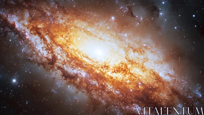 Spiral galaxy core blazes with golden dust in deep space