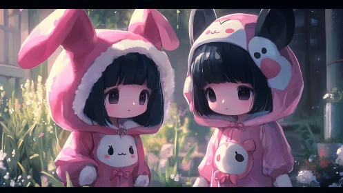 Twin girls in pastel animal hoodies under soft garden light.