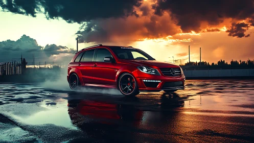 Fiery red sports wagon glides across a rain-soaked track at dusk