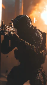 Tactical operative in low-key lighting amid explosive backlight.