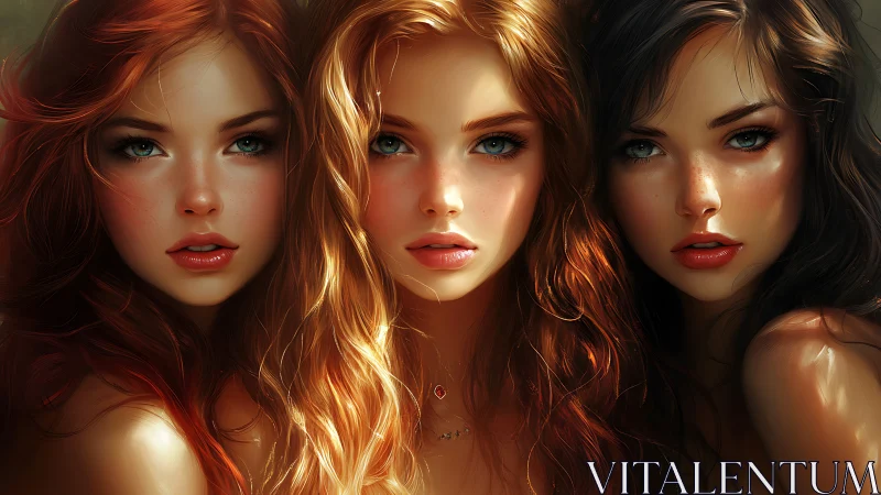 Digital portrait triptych of three young women in close view.