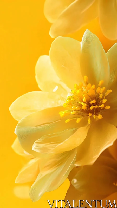 Pale yellow flower with prominent stamen against monochromatic yellow background.