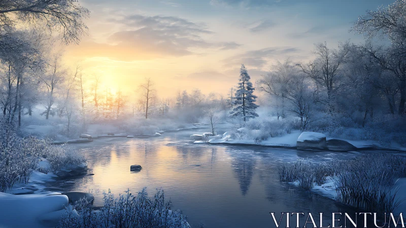 Winter river reflects cold sunrise over frosted forest