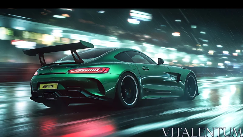Green racing coupe cuts through wet neon city street at speed