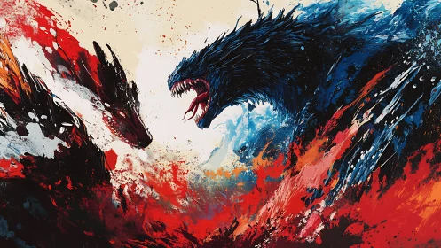 Two opposing dragon forms engage within abstract color fields