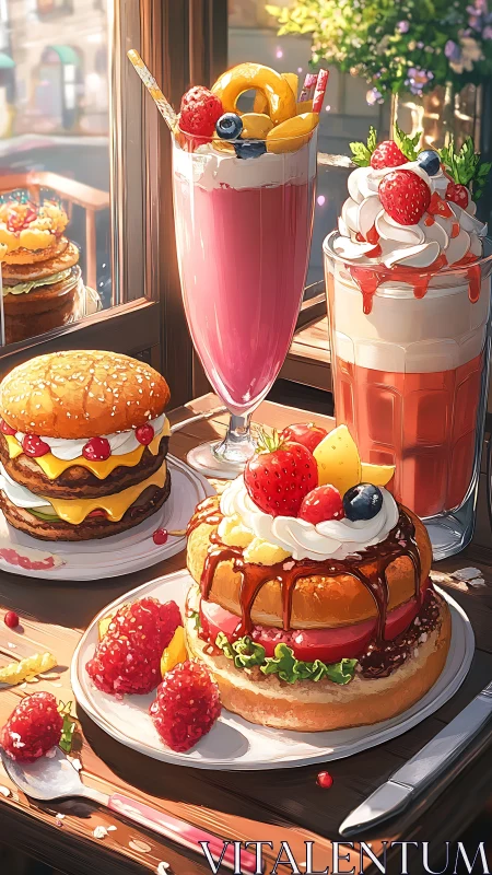 Gourmet dessert burgers with berry milkshakes in sunlight.