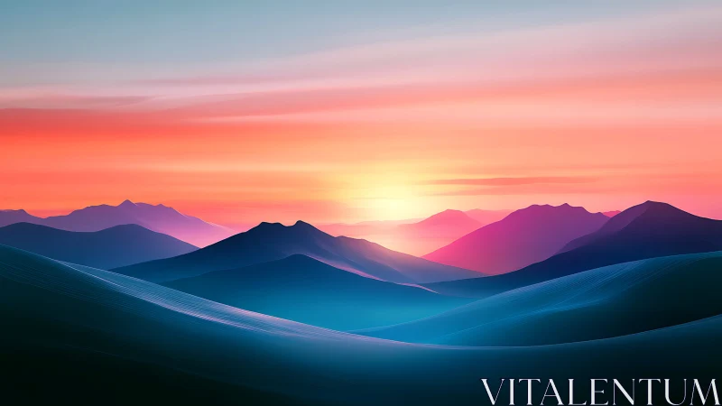 Layered hills under gradient sky at low sun position.