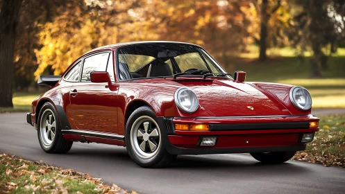 Crimson classic Porsche cruising through golden autumn hush.