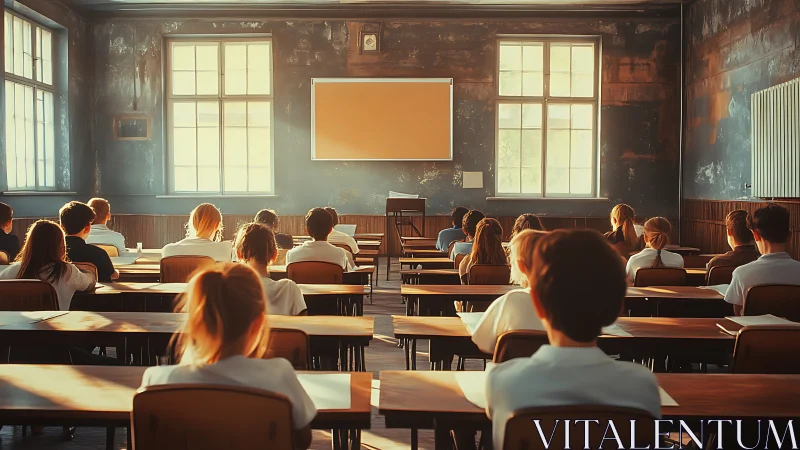 Vintage Classroom Lecture Hall with Golden Sunlight.