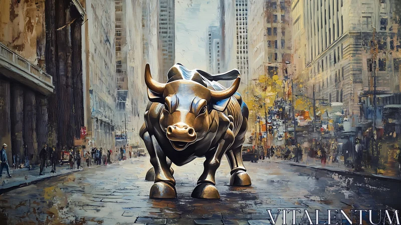 Bronze bull sculpture stands centered on wet city street