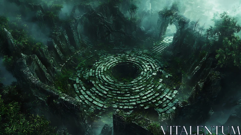 Emerald ruin-circle dreaming in the mistbound jungle.