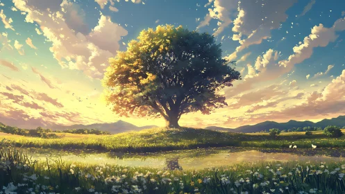 Solitary deciduous tree on luminous dusk meadowscape horizon.