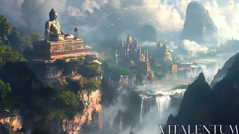 Majestic cliffside temple city above misty waterfalls.