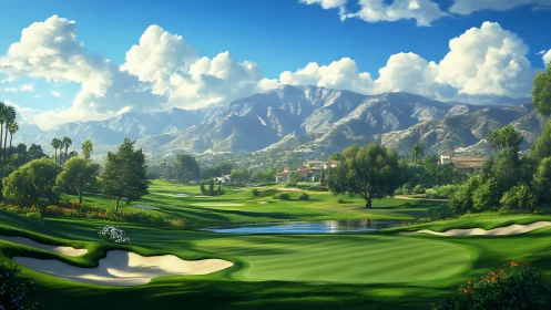 Sunlit mountain fairway dreaming beyond mirrored water greens.