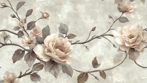 Beige floral branches extend across textured neutral background