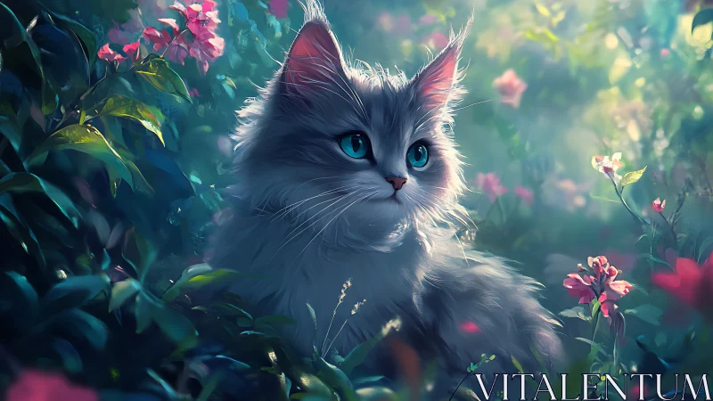 White Cat with Blue Eyes in Enchanted Flower Garden.