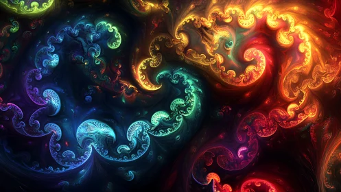Multicolored fractal spirals on dark abstract gradient field.